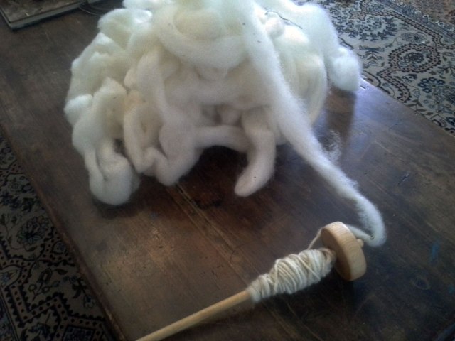 The drop spindle with white fiber-This is NOT the one I dyed. This is what I just started spinning