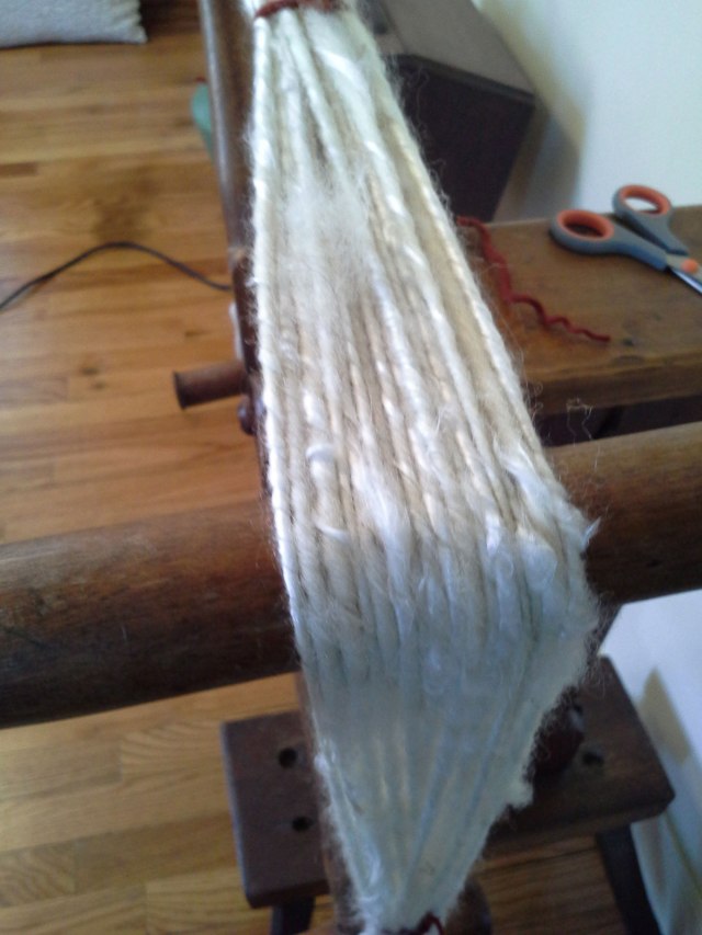 Yarn is wool with some silk spun in. I will try to dye it tomorrow!